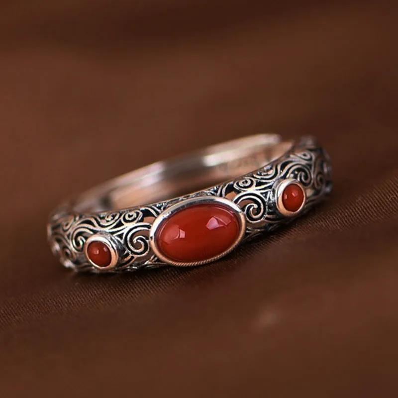 

Vintage Ethnic Creative Hollow Imitation Red Agate Adjustable Ring for Women Exquisite Personalized Party Zircon Accessories resizable