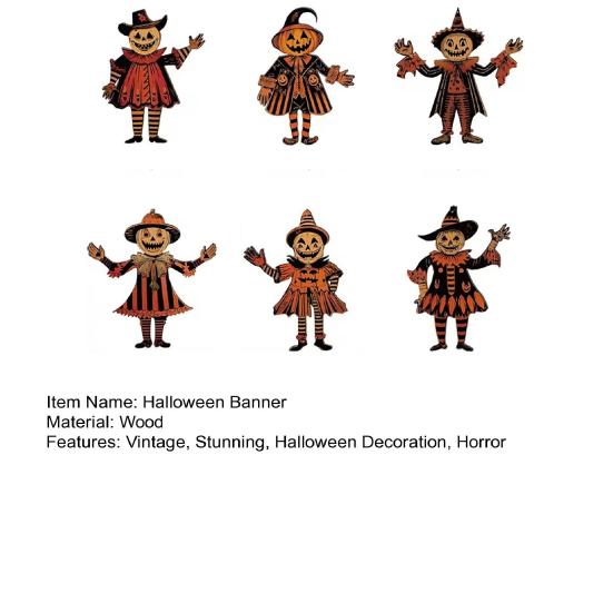 2 Pcs Halloween Vintage Bunting Banner Wooden Witch Pumpkin Scarecrow Hanging Banner Garland for Halloween Party Horror Home Wall Decor