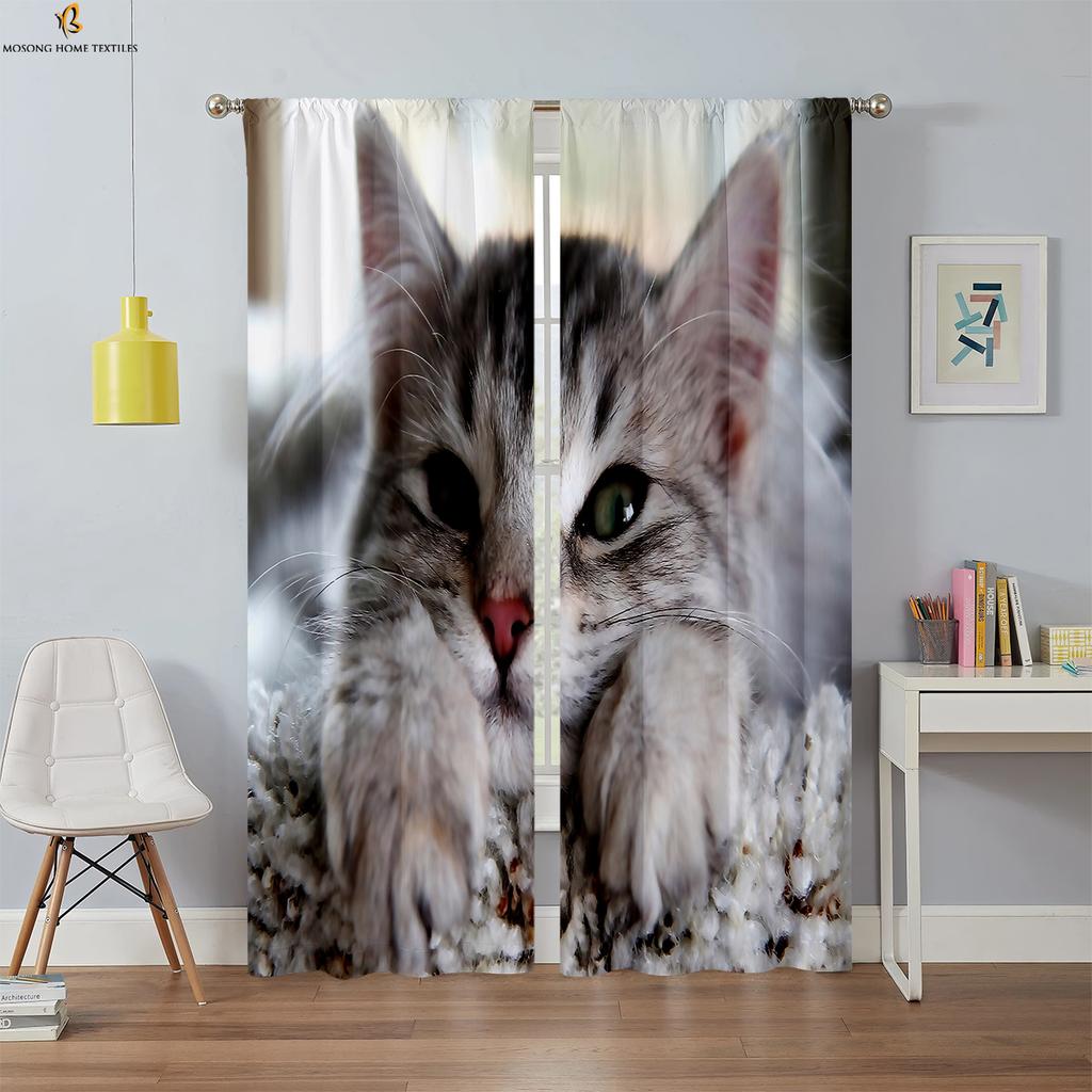Black Cool Cat Printed Curtain Bedroom Kitchen Living Room Kids Decorative Curtains Set Of 2 Made Polyester With Rod Pocket Sitting Decor
