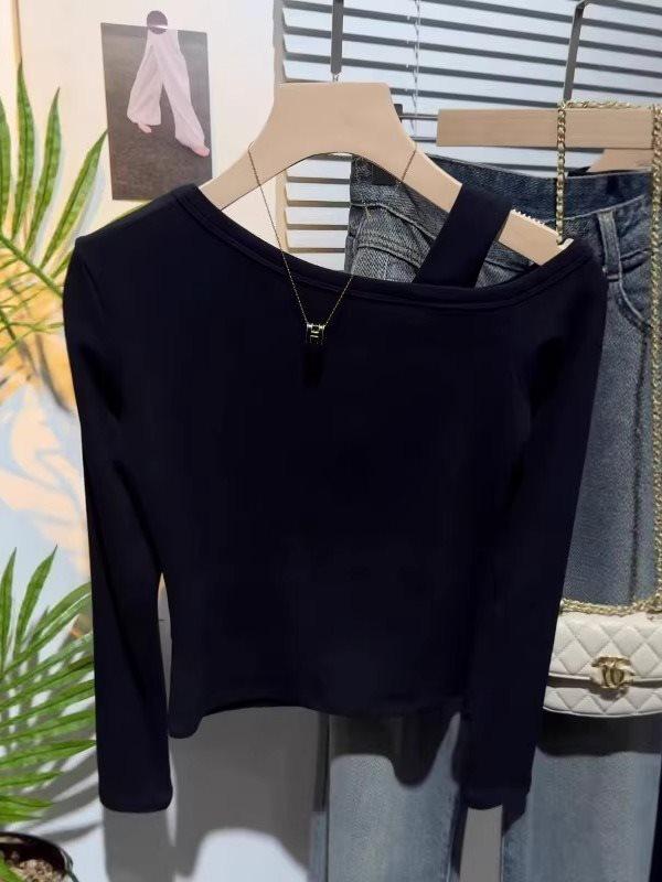 Women's Autumn Plus-Size Off-Shoulder Long-Sleeve Black Slimming Cotton T-Shirt