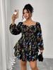 European and American Style Cross-border Square Neck Puff Sleeve Printed Cake Dress