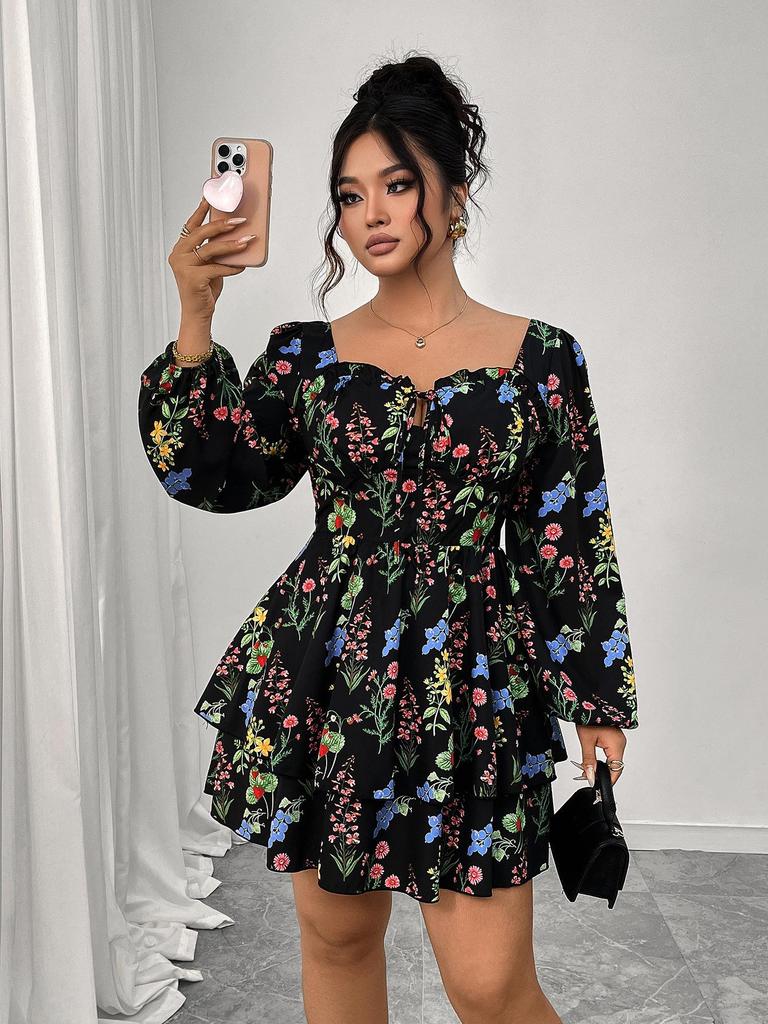 European and American Style Cross-border Square Neck Puff Sleeve Printed Cake Dress