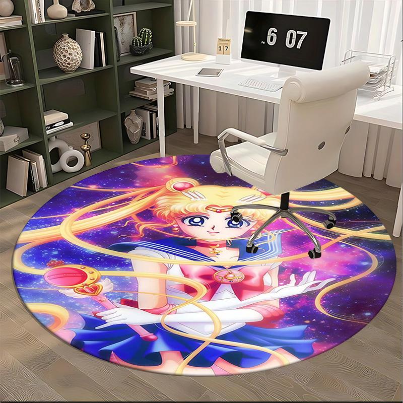 1pc Anime Sailor Moon Round Carpet Office Chair Mat, NonSlip Rug for Home Decor, Living Room, Bedroom, Game Room
