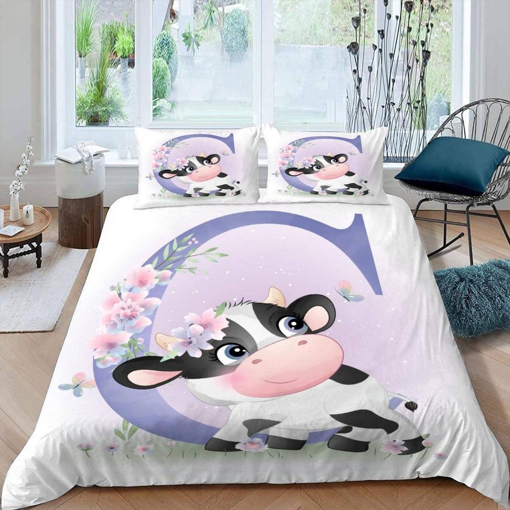 Cute Cows Duvet Cover Set Kawaii Farm Animal Bedding Set Microfiber Floral Comforter Cover Twin King For Kids Boys Girls Decor
