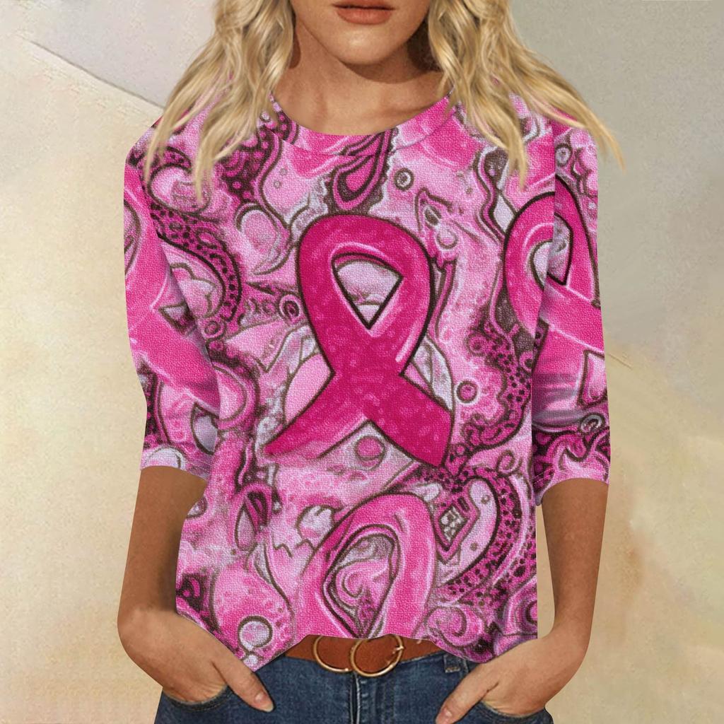Women's Fashion Casual Seven Split Sleeve Printed Loose Round Neck Top