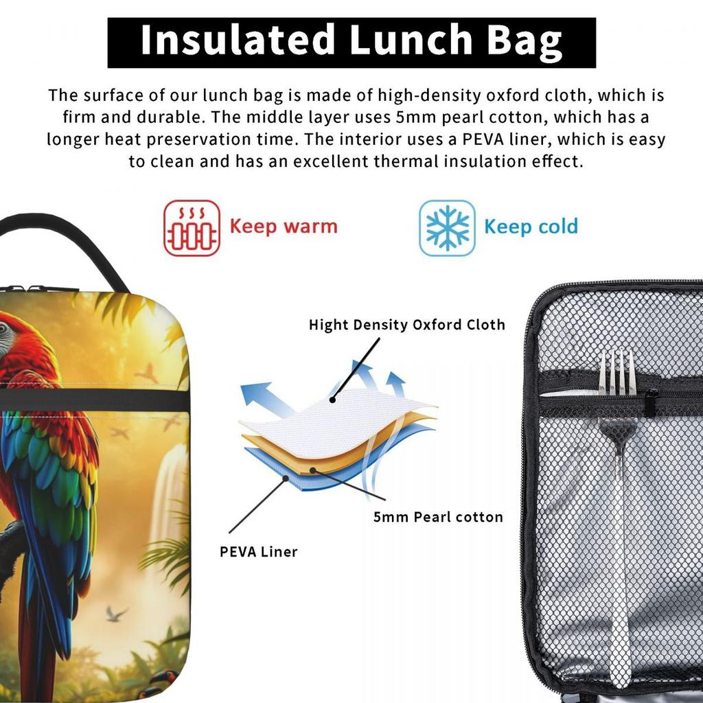Tropisches A-Wald-Papageien-Design Isolierte Lunchtasche für Damen Kinder Tragbare Lebensmittelboxen Thermische Lunchbox Tragetasche