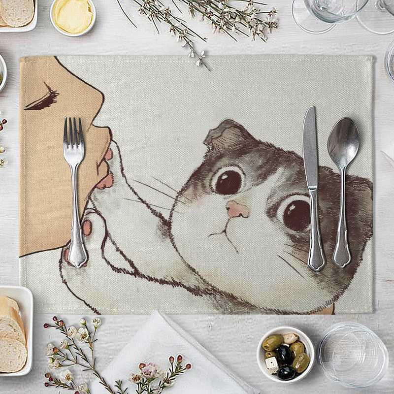 Cartoon Cat Placemat Cotton Linen Table Mat Kawaii Cats Animal Pattern Place Mats For Children Kids Kitchen Dinning Coaster Pad
