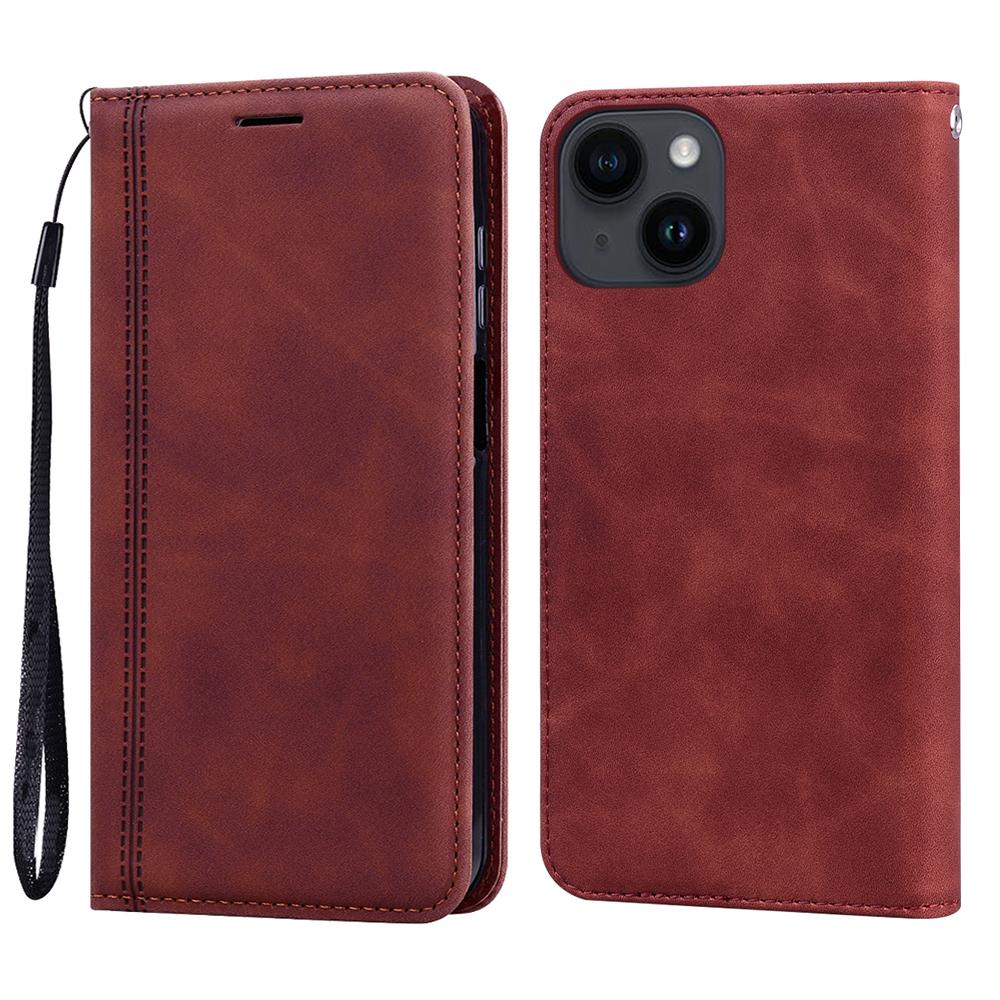 For iPhone 15 Case Business Style Magnetic Closure Leather Phone Cover with Strap