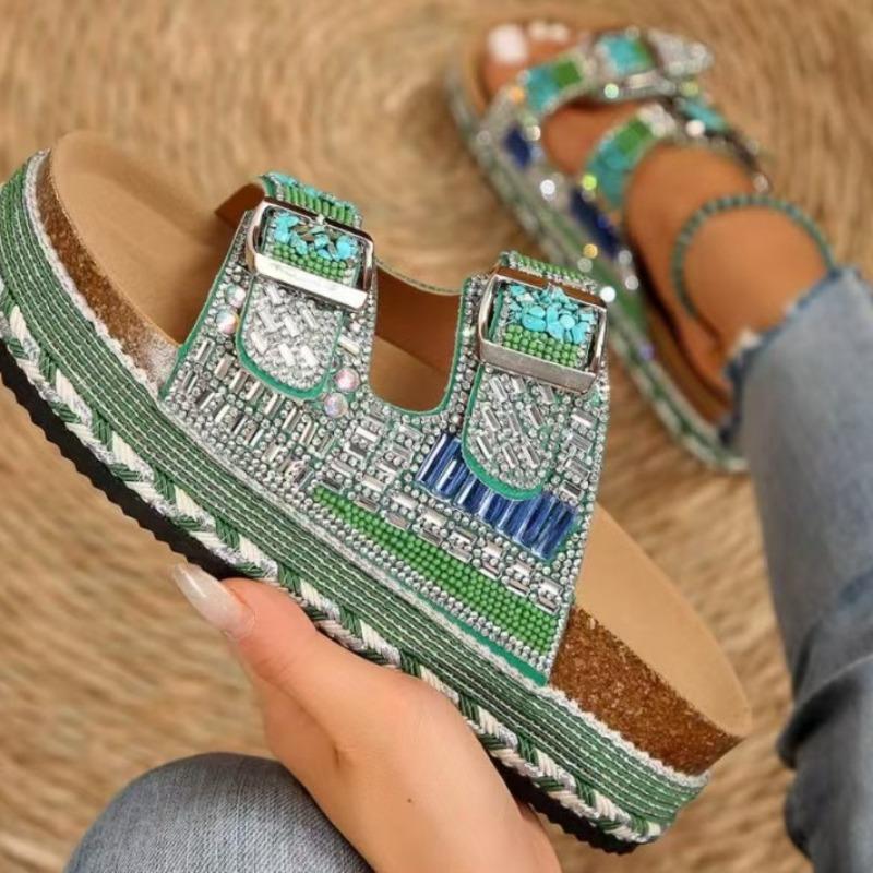 New Style Chunky Sole Hemp Rope Double Buckle Rhinestone Beach Sandals - Plus Size Women's Shoes