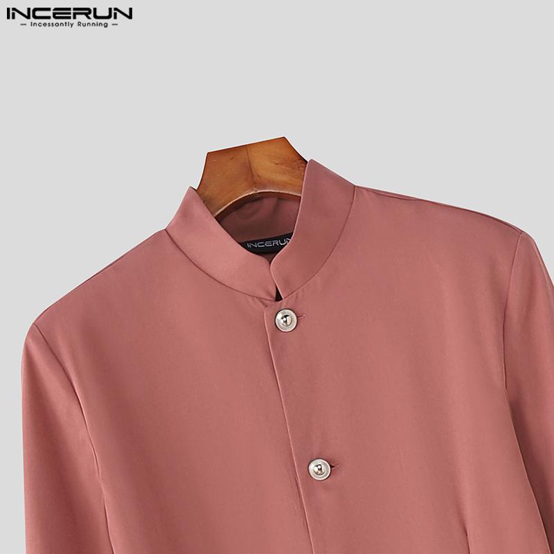 INCERUN Men Stand Neck Long Sleeve Pleated Split Irregular Long Tunic Tops