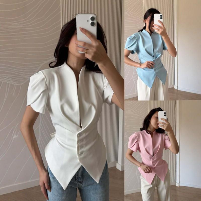 2026 Blazer Corto Asimmetrico da Donna con Scollo a V Manica Corta Vestibilità Aderente Chic da Ufficio Giacca Leggera da Tailleur