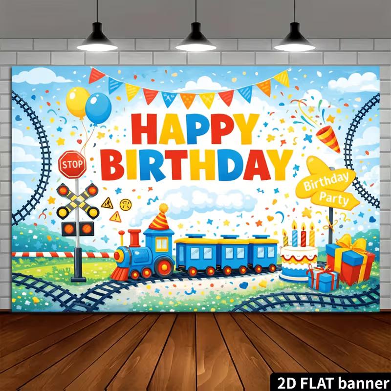 2D Railroad Cake Balloon Backdrop Birthday Shoot Banner