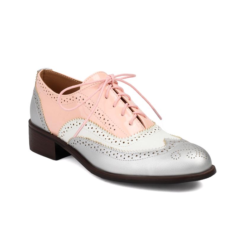 Large Size 45 46 47 Womens British Style Retro Mix Color Oxfords Pumps Round Toe Cross Tied Hollow Cutout Mid Heels Brogue Shoes