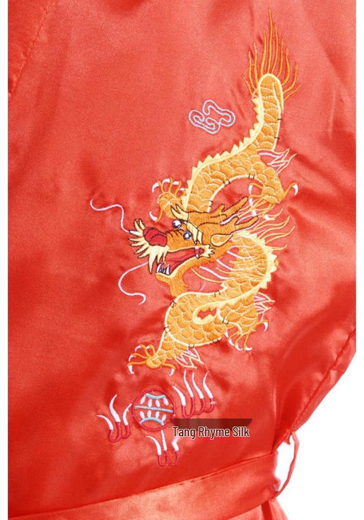 Men's Retro Long Dragon Embroidered Silk Tang Suit Pajama Robe