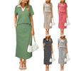 Completo Due Pezzi Moda Donna Scollo a V Manica Corta a Righe con Gonna a Vita Elastica Spaccata