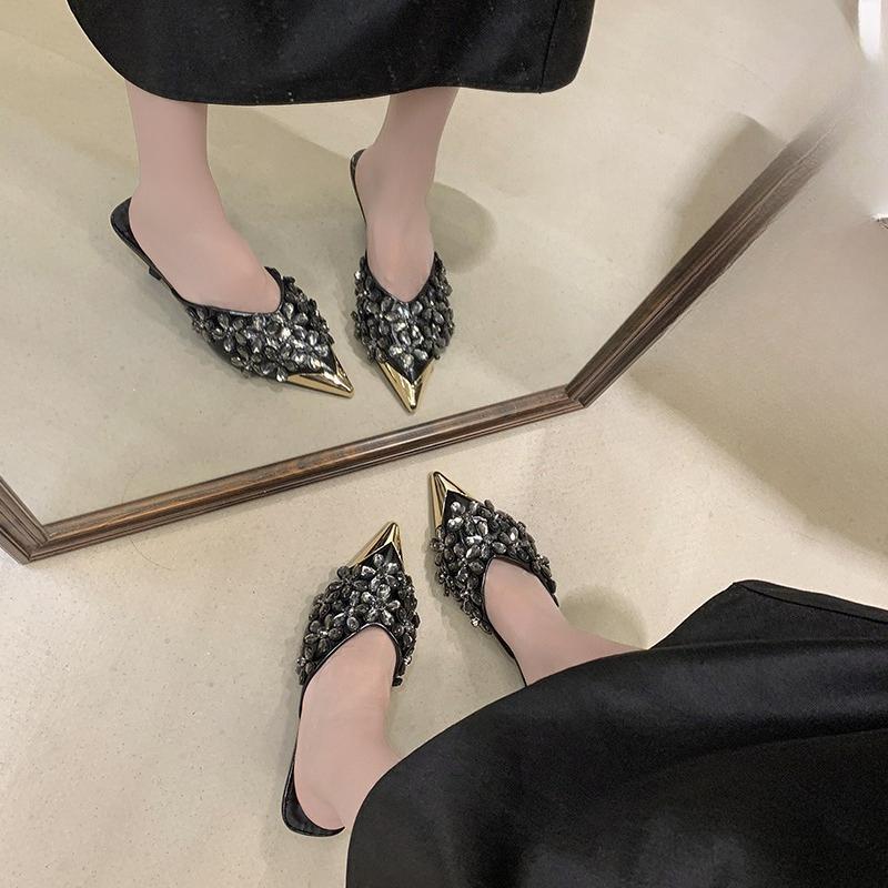Pointed Toe Stiletto High Heel Baotou Half Drag Summer New Rhinestone Flower Fairy Wind Metal Head Cold Slippers Outside Wear