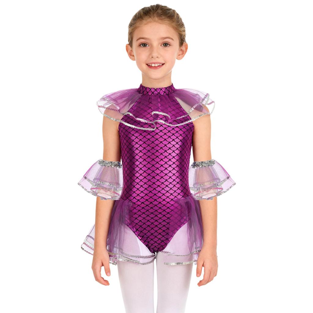 Kids Girls Mermaid Cosplay Costume: Sleeveless Mesh Sequins Bodysuit with Fish Scales Print & Arm Sleeves for Halloween Party