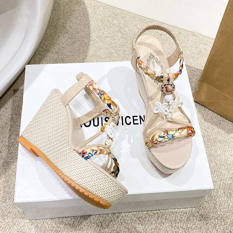 Fashion Mixed Colours Woven Spaghetti Straps Thick Platform Sandals Womens Summer Super High Heel Sandels Outdoor Beach Non-Slip Sandals