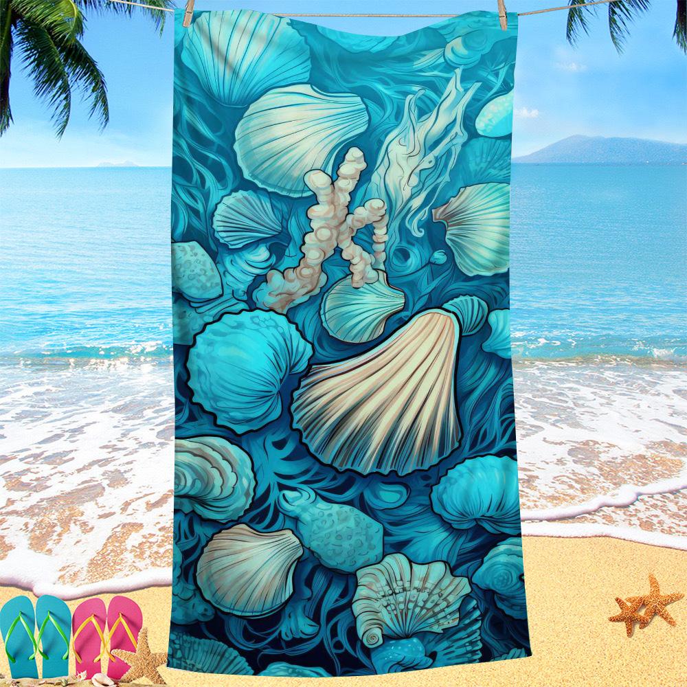Blue Shell Series Digital-printed Polyester Superfine Fiber Double-sided Fleece Beach Vacation Bath Towel, Beach Towel