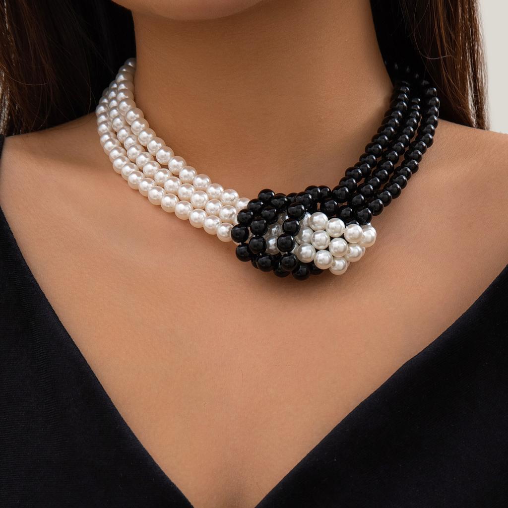 Style Fashion Retro Splicing Knotted Multi-Layer Imitation Pearl Necklace Women French Beaded Collarbone Chain Choker