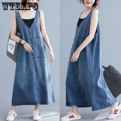 Women Cheap Blue Denim Dress Female V-Neck Summer Solid Casual Vintage Sleeveless Big Pockets Loose Retro Jeans Dresses