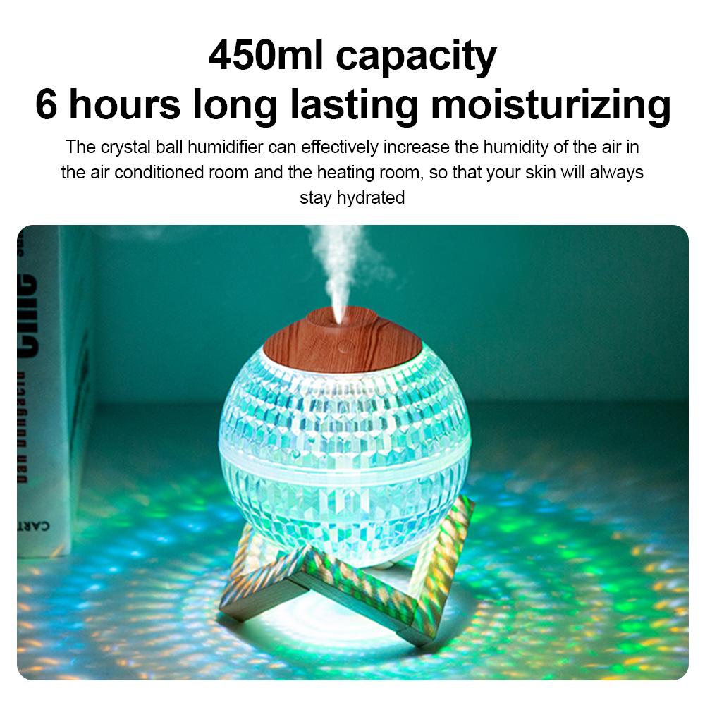 Luftfuktere for soverom RGB LED Mini Fargerikt Nattlys Krystallkule Luftfukter 6H Auto-off 450ml