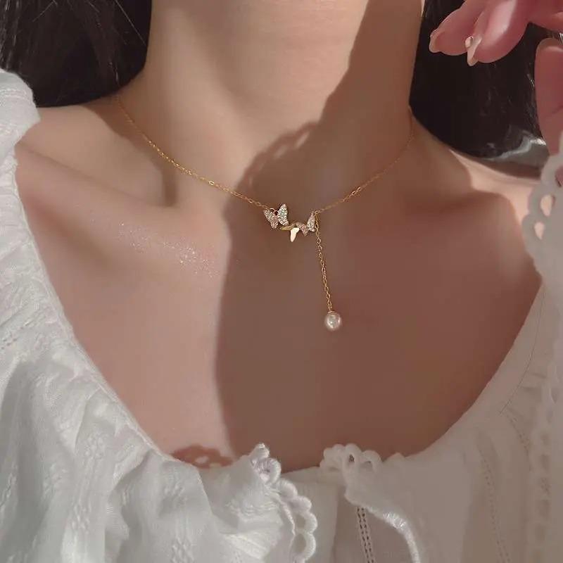 New butterfly fringed pearl pendant, exquisite necklace, light luxury niche design, high-end temperament collarbone chain