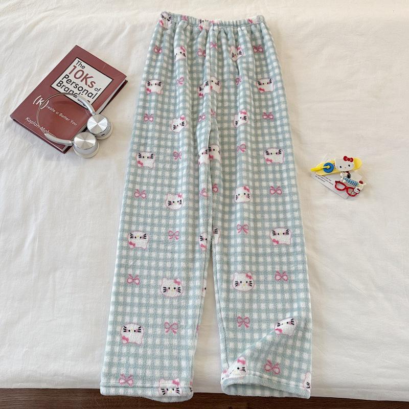 Hello Kitty Coral Fleece-Lined Flannel Pajama Pants for Women - Warm Autumn/Winter Style