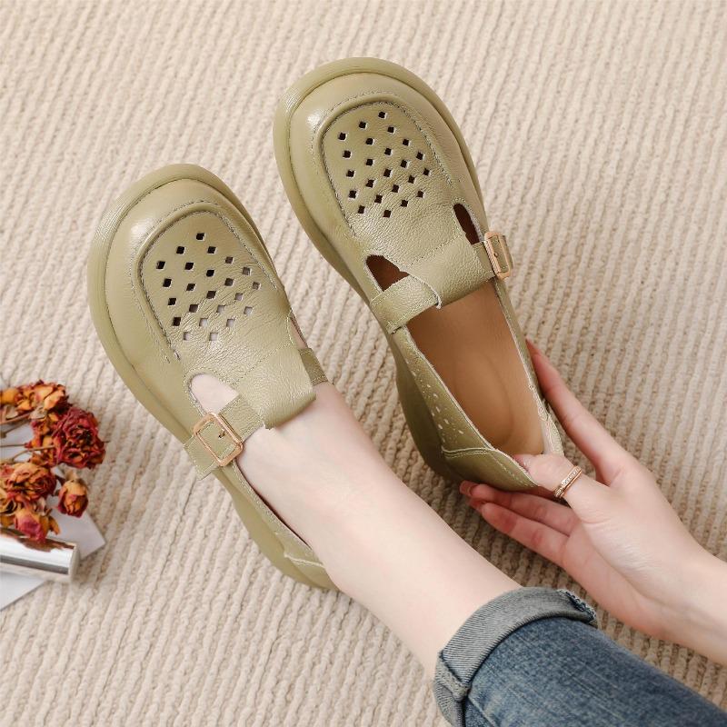 2026 Summer Genuine Leather Shoes Women Sandals Flat Holiday Fashion Brand Ladies Sandals Breathable Holes Black Green Plus Size 41