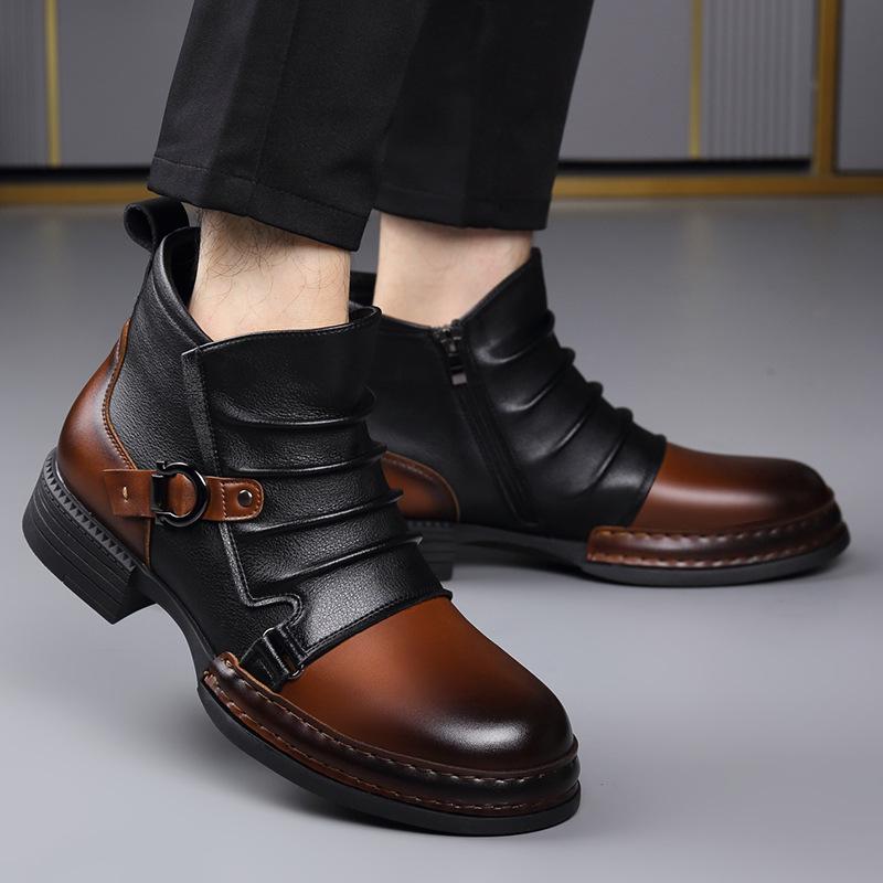 Men's Retro Chelsea Patchwork Martin Boots – Trendy, Versatile, Warm, & Casual Side-Zip Knight Boots