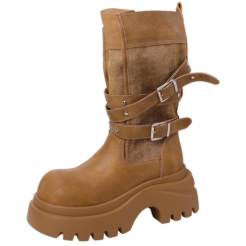 Fashion two-wear platform short boots design belt buckle thick heel round head Martin boots women's autumn and winter retro high-heeled fashion boots