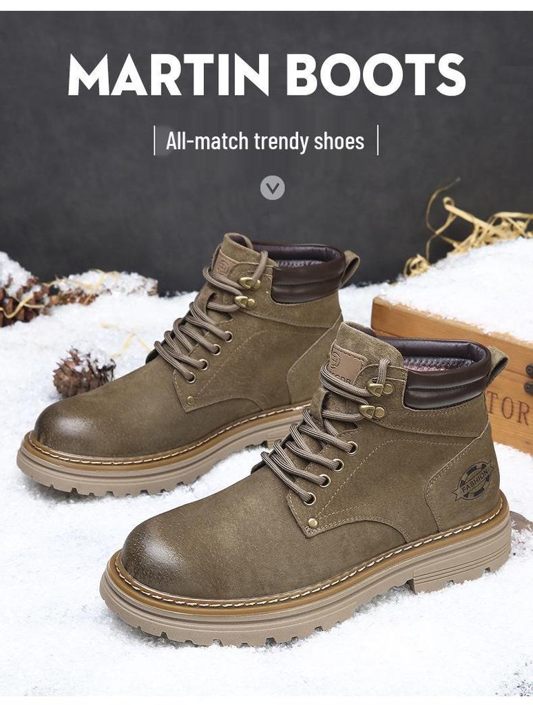 Men's High-Top Warm Genuine Leather Martin Boots - Yellow, Casual Outdoor Hiking & British Work Style for Autumn/Winter