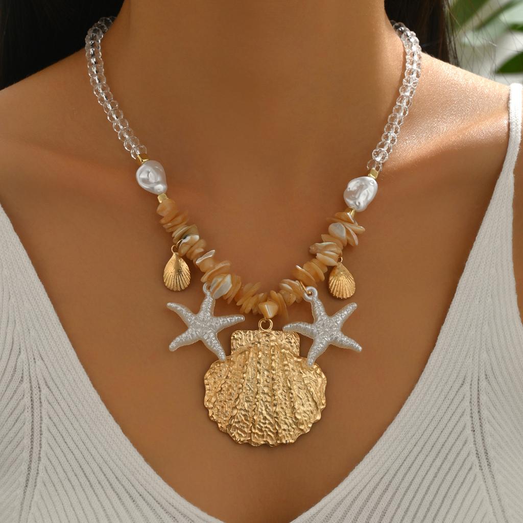 Vintage Boho Conch Shell Necklace  Coral Seashell Choker Starfish Simulation Pearl Pendant Accessories