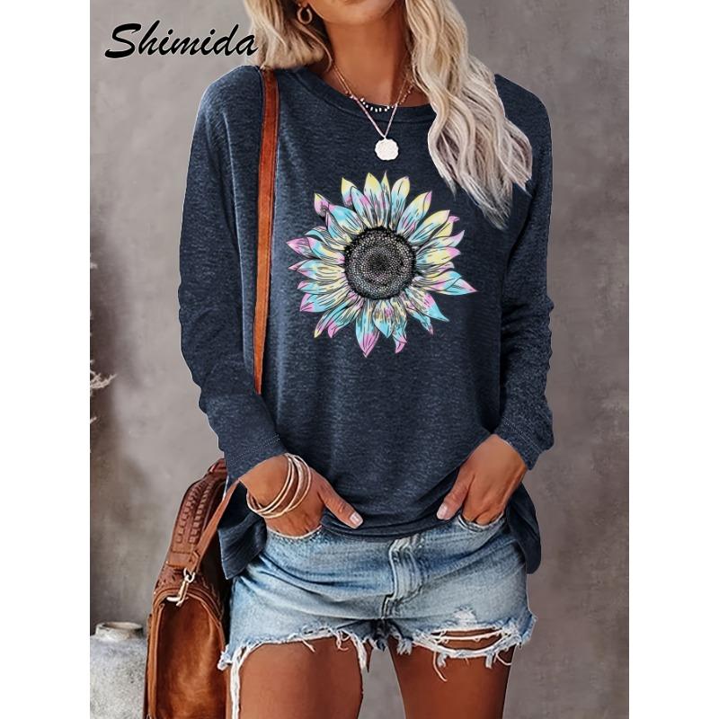 Sunflower print simple long-sleeved T-shirt