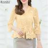 ZANZEA Women Casual V-Neck 3/4 Sleeve Hollow Patchwork Lace Blouse