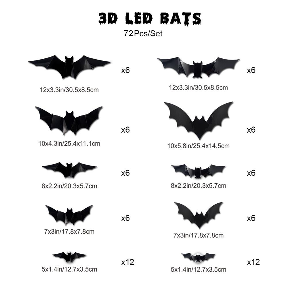 72-12 ks Halloweenske netopiere Dekorácie 3D čierne netopiere Nálepky na stenu Strašidelné svietiace netopiere Dekorácie Rekvizity Barová miestnosť Halloweenska párty DIY Dekor