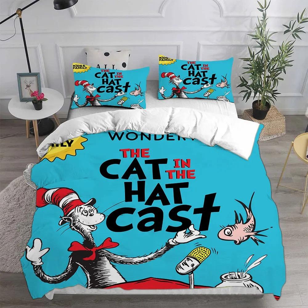 Ensemble de literie Le Chat Chapeauté Housse de couette Taie d'oreiller pour Garçons Adultes Fille Décoration de Chambre à Coucher Taille Simple/Double/Queen Cadeau 135×200cm