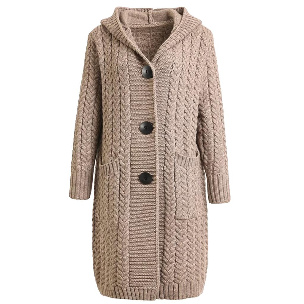 Retro Twisted Knitted Cardigan for Women Large-sized Mid-length Sweater Coat Autumn and Winter Wear Knee-length Hooded Knitted Overcoat
