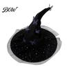 Ruffled Witch Hat for Parties Halloween Women, Large Glitter Sequins Mesh Wizard DIY Matching Tulle with Butterfly Costume Accessory, Cosplay