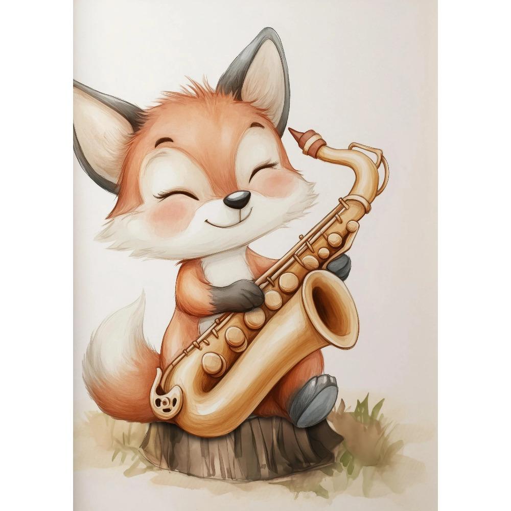 Watercolor Cute Animals Fox, Elephant, Bear, Playing Instruments Poster Canvas Painting Print Nursery Wall Art Home Decor 21X30CMNo Framed