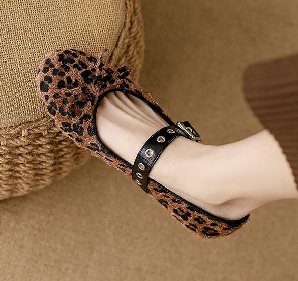 Fashion 2025 Spring Horse Hair Ballerinas Woman Leopard Bowtie Flats Shoes Leather Buckle Strap Mary Janes Ladies Ballets Furry Loafers