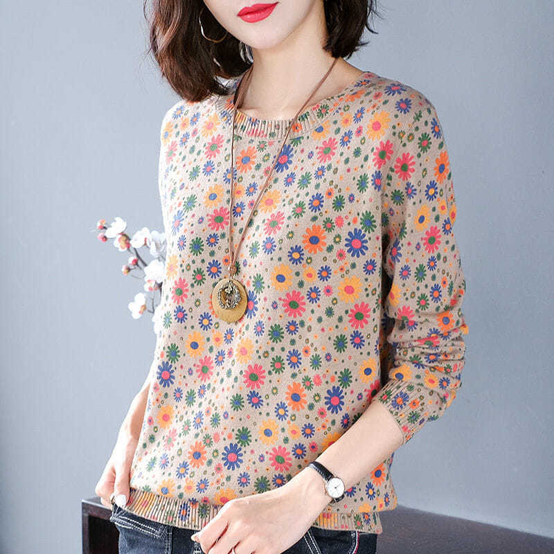 Casual Vintage Floral Printed Jumpers Women's Clothing O-Neck Autumn Winter Stylish Screw Thread Korean Loose Knitted Sweaters