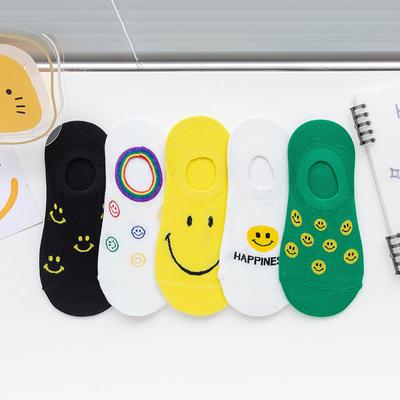 5 Paar Damen-Socken mit lächelndem Gesicht, reine Baumwolle, flacher Mund, Bootssocken, rutschfeste, unsichtbare Sommer-dünne Socken