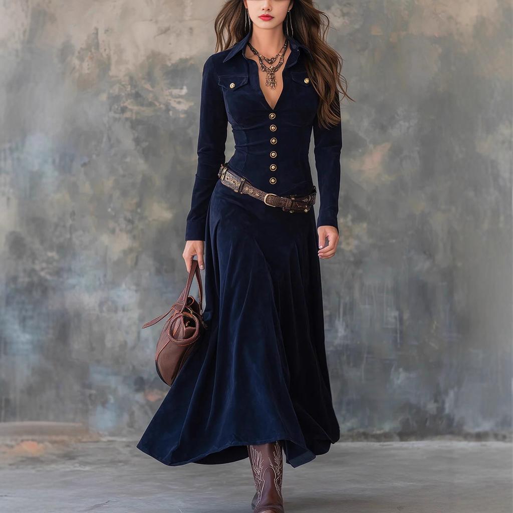 Spot 2026 New Independent Station Long-sleeved Literary Temperament V-neck Dress Women's Belt Included