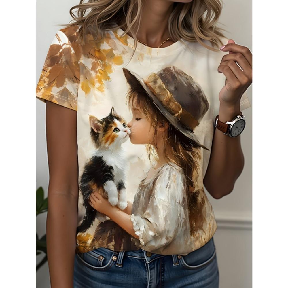

3D Printed Cute Cat T Shirt For Women Girl Jesus Pattern T-Shirts Summer Fashion Round Neck Loose Tops Street Short Sleeve Tees S