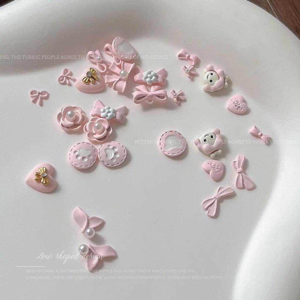 Cartoon Rose Pink Pearl Heart Bow Nail Accessories with Rhinestones