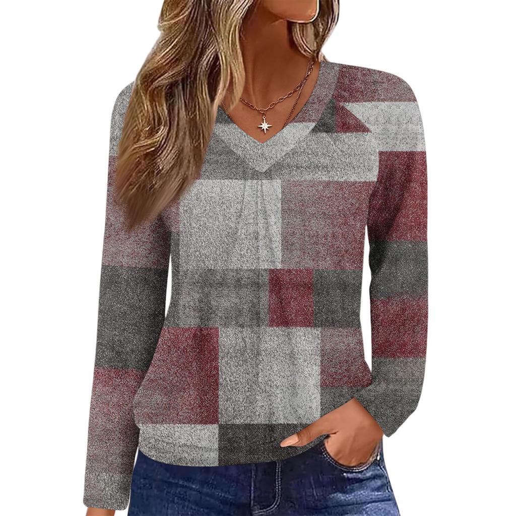 Women's Casual Fashion V-Neck Raglan Pleated Plaid Print Long Sleeve Top