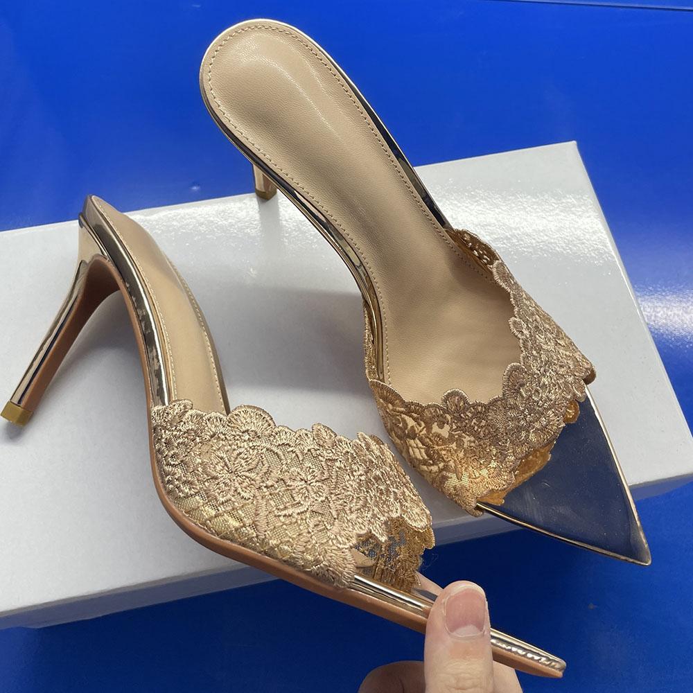 Summer Peep Toe Lace Women's Mules Sandals Elegant Chic 9cm High Heels Sexy Party Shoes Slipper Sandals
