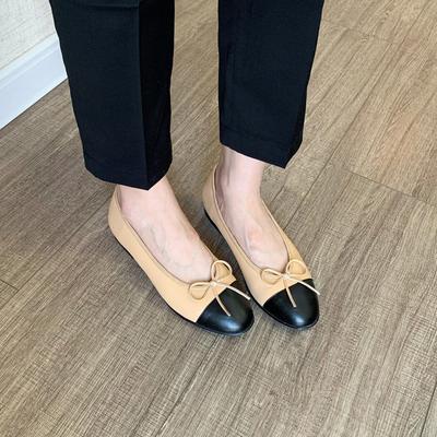 Sheepskin Version~ Leather Bow Round Head Light Mouth Single Shoes Women's Xiaoxiang Classic Color Matching Flat Mary Jane Shoes Ladyshoes