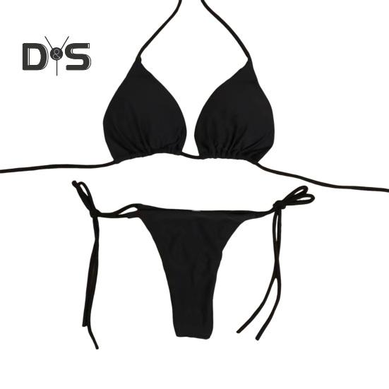 

2 шт./комплект, женский купальник-бикини с треугольными чашечками, бретельками через шею, с подкладками для груди, купальник-стринги со шнуровкой, сексуальный пляжный костюм для отдыха на пляже и у бассейна M чёрный